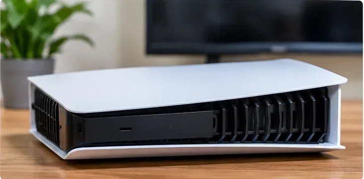 เครื่องเล่นเกม PS5 ที่สะอาดหมดจด วางอยู่บนโต๊ะโล่งหลังจากกำจัดฝุ่นออกแล้ว