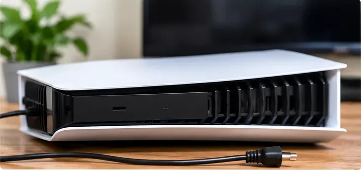 เครื่องเล่นเกม PS5 วางนอนราบอยู่บนโต๊ะ โดยถอดปลั๊กไฟออกก่อนทำความสะอาด