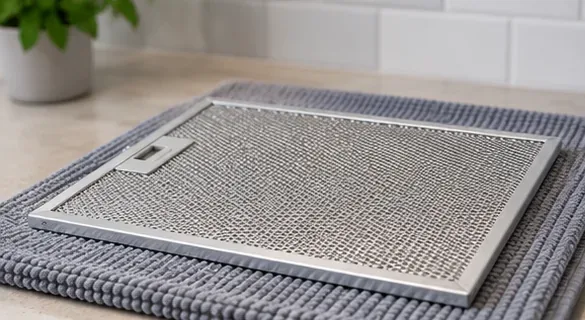 A freshly cleaned rectangular metal range hood filter lying flat on a gray absorbent towel to dry