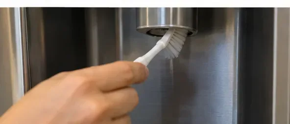 A small soft white brush cleaning around the refrigerator water dispenser nozzle.