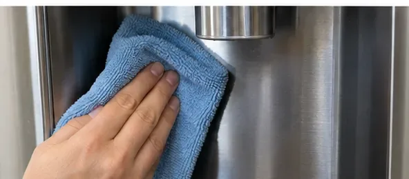 A blue microfiber cloth wiping the stainless-steel recess beneath a refrigerator water dispenser nozzle.