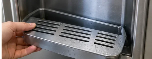 A hand lifting the removable drip tray from a stainless-steel refrigerator water dispenser.