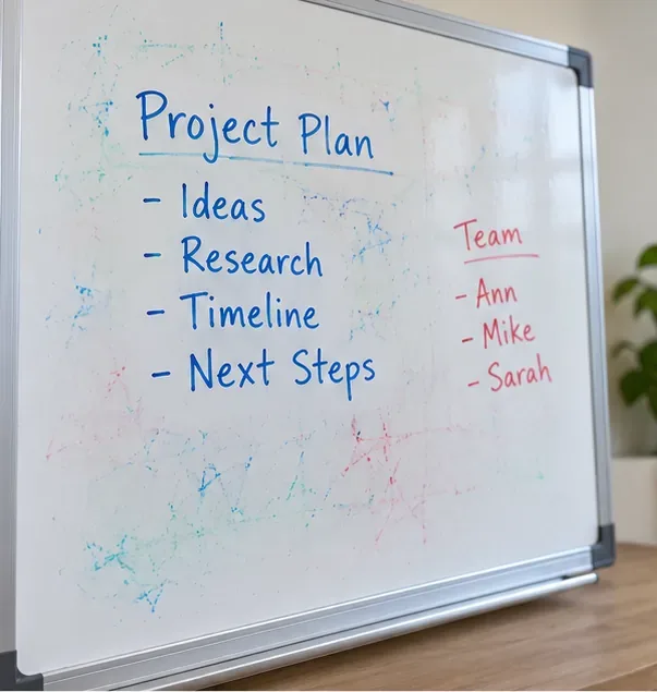 A framed white dry-erase board with blue and red writing surrounded by faded blue, green, and red ghosting marks