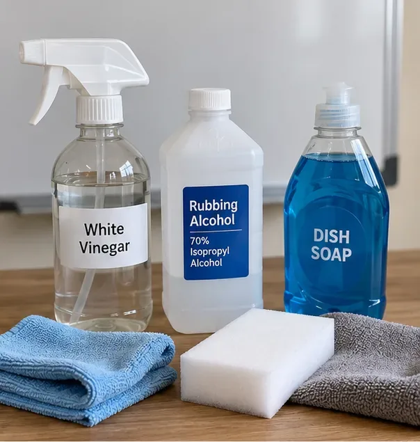 A spray bottle, white vinegar, 70 percent rubbing alcohol, dish soap, microfiber cloths, and a white cleaning sponge arranged beside a dry-erase board