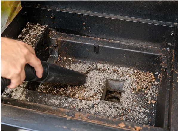A vacuum nozzle removing cold ash and pellet debris from the exposed firepot area of a pellet grill.