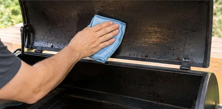 A person wiping the inside of a pellet grill lid with a soft blue cloth.