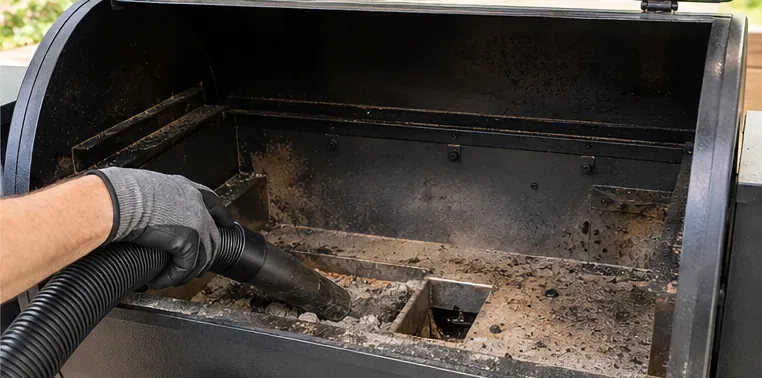 A gloved person vacuuming cold ash from the lower barrel of an open pellet grill after the internal parts have been removed.
