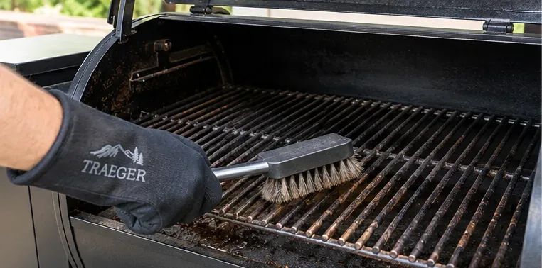 A gloved hand brushing warm cooking grates inside an open black Traeger pellet grill.