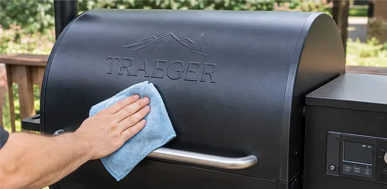 A hand wiping the black exterior lid of a Traeger pellet grill with a microfiber cloth beside the controller.