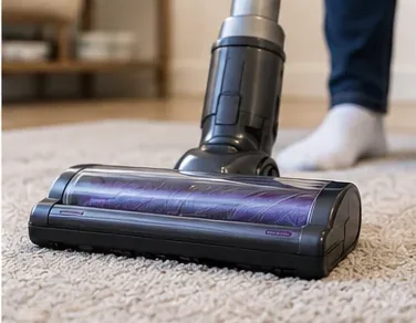 Vacuum floor head running over carpet during a post-cleaning suction check