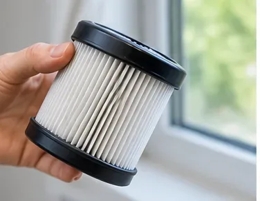 Hand holding a dry pleated vacuum filter near a window for a condition check