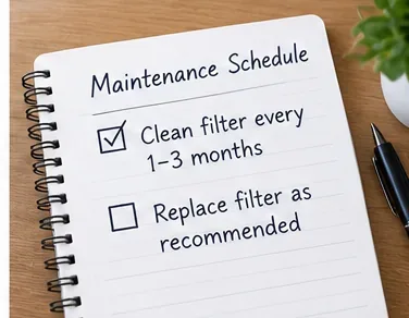 Notebook showing a reminder to clean the filter regularly and replace it as recommended