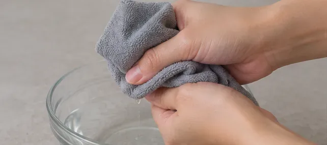 Hands wringing a gray lint-free cloth over a clear bowl after wetting it with cleaning solution.