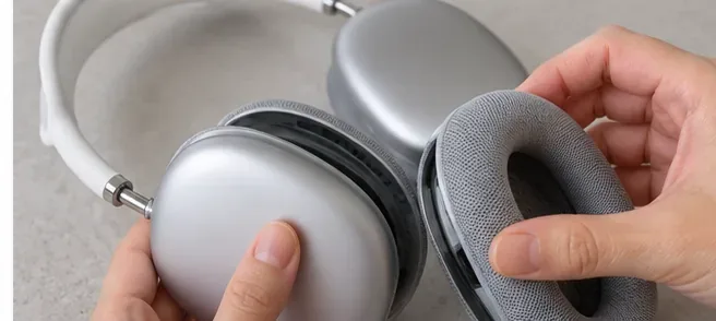 Hands positioning a dry gray fabric cushion back onto a silver over-ear headphone cup after cleaning and drying.