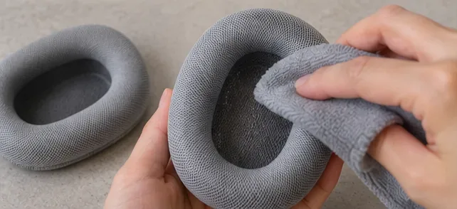A dry gray microfiber-style cloth being pressed gently against a cleaned gray ear cushion to remove remaining moisture.