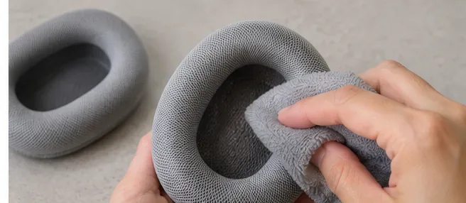 A hand gently wiping the gray woven surface of a detached over-ear cushion with a damp lint-free cloth.