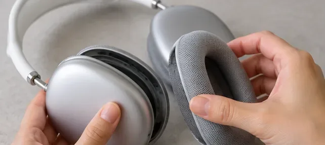 Hands removing a gray fabric ear cushion from a silver over-ear headphone cup on a clean tabletop.
