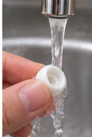 จุกหูฟังซิลิโคนสีขาวที่หลุดออกมาของ AirPods Pro กำลังถูกล้างด้วยน้ำสะอาด