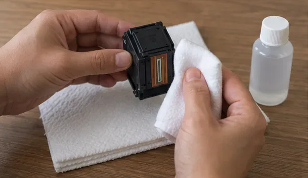 Hands holding a removable ink component over a lint-free cloth with a small bottle of clear water nearby.