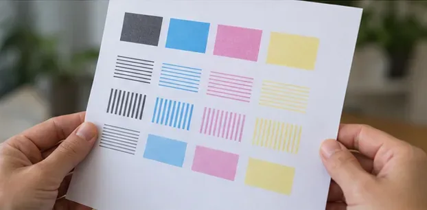 Hands holding a color print-quality sheet with black, cyan, magenta, and yellow blocks and line patterns for inspection.