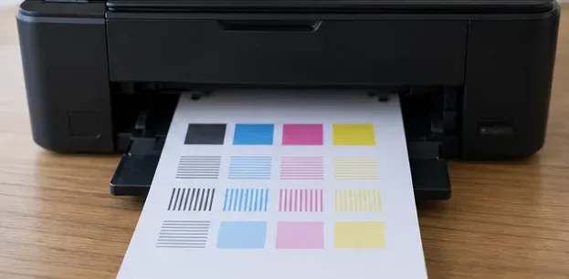 An inkjet printer producing a print-quality test sheet with black, cyan, magenta, and yellow blocks and line patterns.