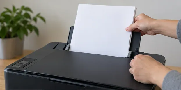 Hands loading a stack of clean plain white paper into the rear input tray of a black inkjet printer.