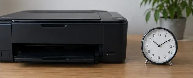 A black inkjet printer sitting idle beside a small analog clock on a desk.
