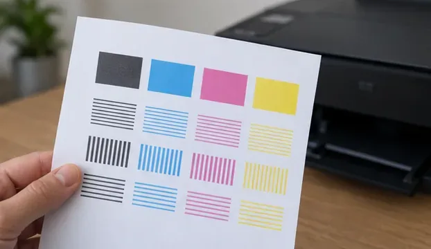 A final print-quality sheet held in front of an inkjet printer with solid black, cyan, magenta, and yellow blocks and complete line patterns.