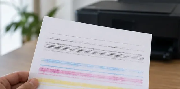 A printed page showing broken black text and faded cyan, magenta, and yellow bands in front of an inkjet printer.