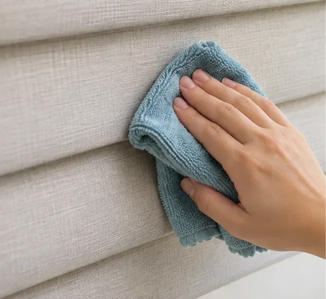 A hand gently pressing a folded microfiber cloth against a beige fabric blind to spot clean a small area