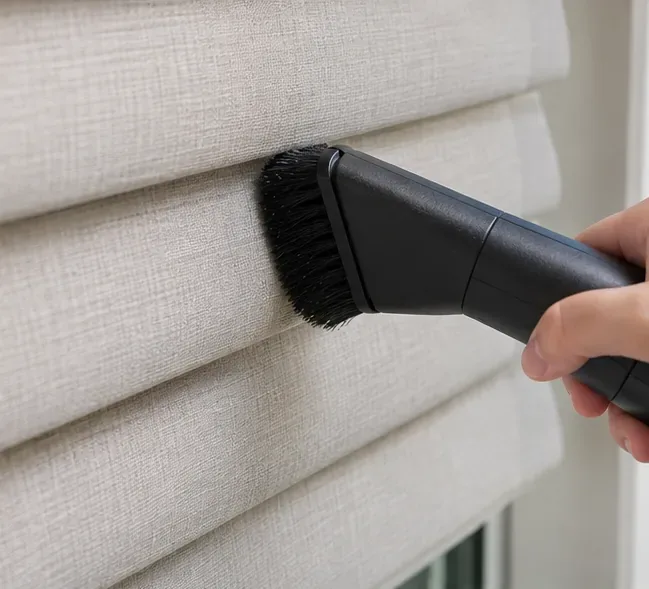A soft vacuum brush attachment lightly removing dust from beige fabric folds on a window shade