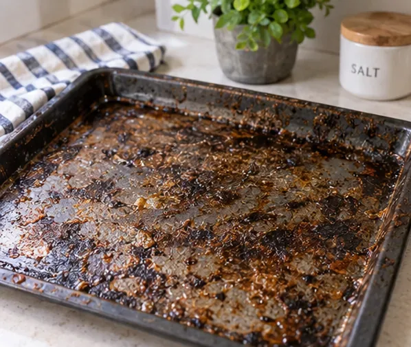 A heavily soiled dark oven tray with baked-on grease and food residue on the cooking surface.