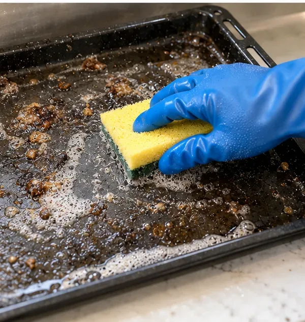 A gloved hand scrubbing a dark oven tray with the green abrasive side of a kitchen sponge while loosened residue surrounds the sponge.