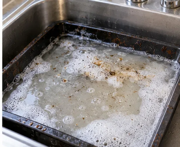 A dirty oven tray sitting in a sink filled with warm sudsy water as baked-on residue begins to loosen.