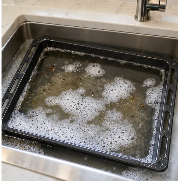 A dark oven tray fully immersed in sudsy water in a stainless-steel sink with loosened food particles floating nearby.