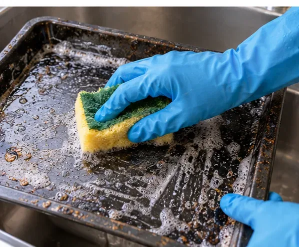A hand wearing a blue glove presses the coarse green side of a kitchen sponge against a dark oven tray.