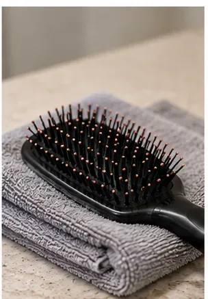 A freshly cleaned black paddle hairbrush rests on a folded gray towel while it air-dries.
