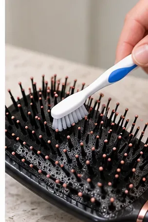 A soft toothbrush scrubs soapy water between the bristles and across the base of a black paddle hairbrush.