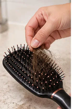 A hand lifts a dense mat of trapped hair from the bristles of a black paddle hairbrush.