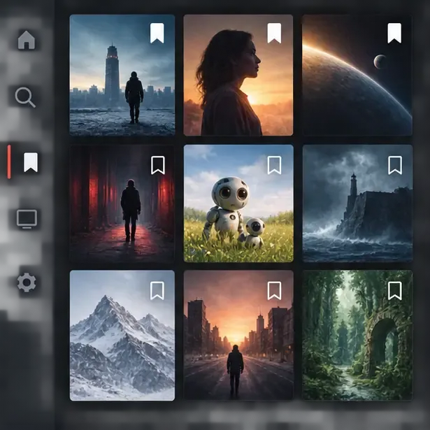 Generic saved-list interface showing movie cards with bookmark icons in a vertical navigation layout