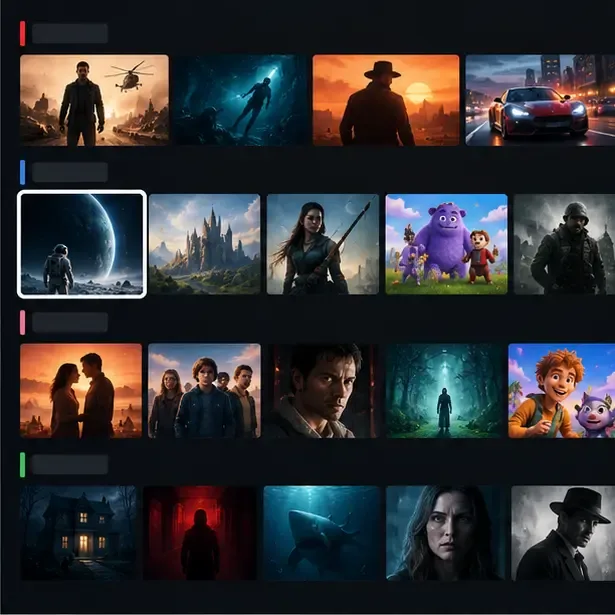 Generic streaming browse interface with several horizontal movie rows and one highlighted poster
