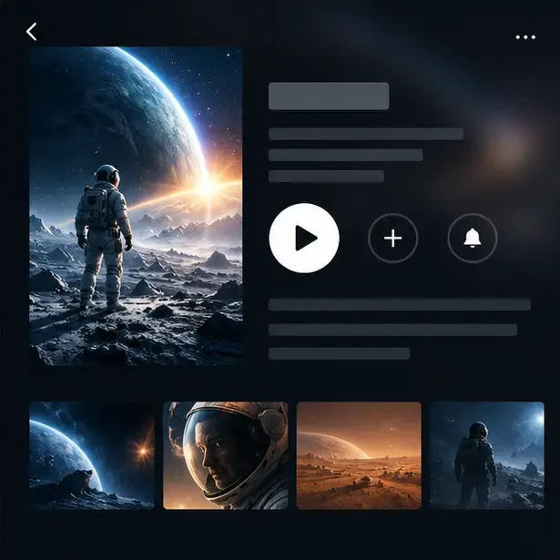 Generic movie detail interface with a poster, play button, save icon, reminder bell, and metadata lines