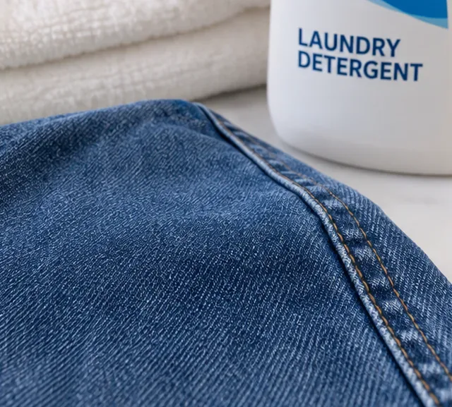 Clean dark blue denim with no visible gum residue beside a bottle of laundry detergent.