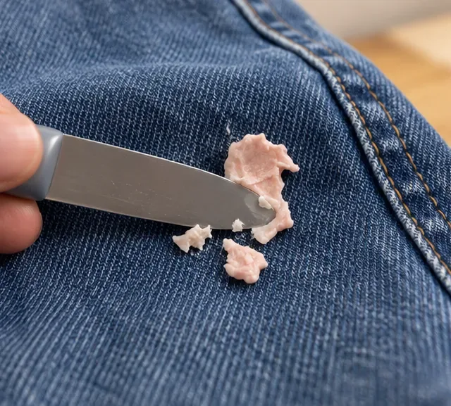 A dull metal scraper gently lifting hardened chewing gum from the surface of dark blue denim.