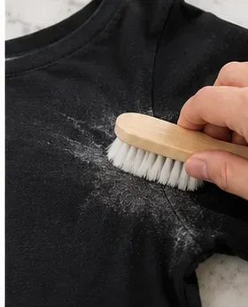 แปรงขนนุ่มช่วยขจัดคราบโรลออนแห้งที่ตกค้างบนเสื้อเชิ้ตสีดำที่ซักได้