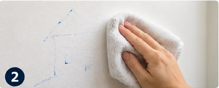 มือข้างหนึ่งค่อยๆ เช็ดภาพวาดด้วยปากกาไวท์บอร์ดสีน้ำเงินบนผนังที่ทาสีไว้ ด้วยผ้าไมโครไฟเบอร์สีขาวนุ่มๆ