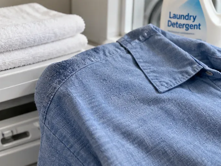 O cămașă albastră așezată lângă prosoape albe împăturite și o sticlă de detergent de rufe pentru o verificare finală a petelor