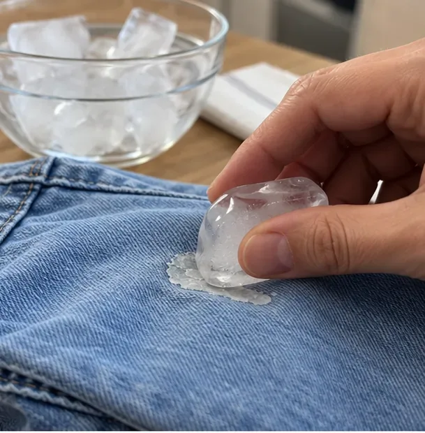 O mână apasă un cub de gheață transparent pe o pată de lipici uscată pe un denim albastru, cu un bol cu ​​gheață în apropiere