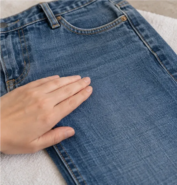 Clean blue jeans lying flat on a towel while a hand checks the formerly stained area