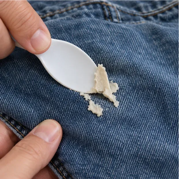 A white plastic spoon gently scraping hardened chewing gum from blue jeans